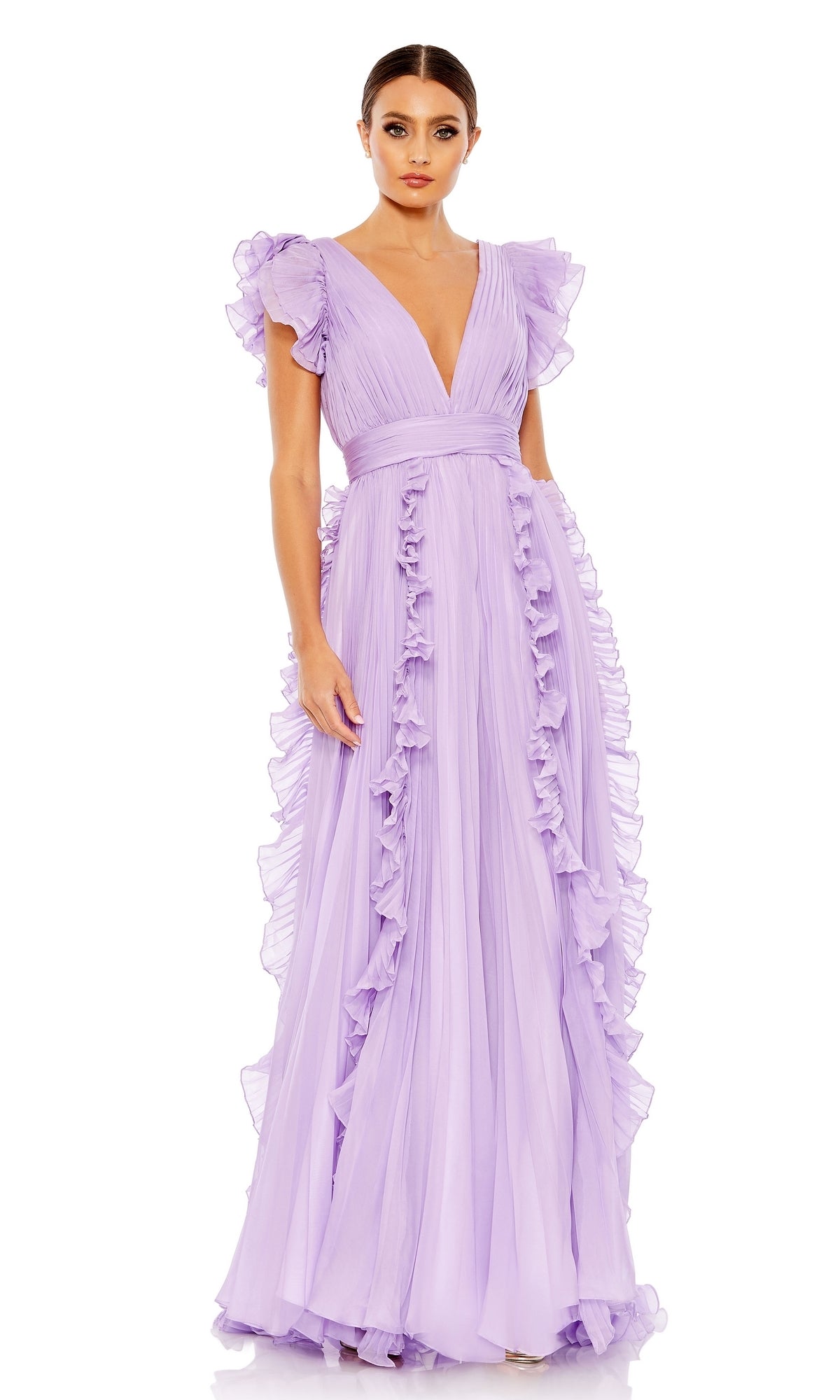 A woman wears the Mac Duggal Ruffle-Sleeve Long Formal Dress 49539, a floor-length lavender gown with flutter sleeves and a deep V-neckline, standing against a plain white background.